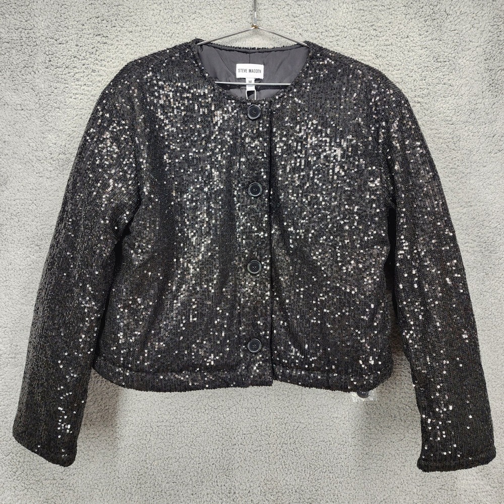 Steve Madden Sequin Cropped‎ Puffer Jacket Black Women's Size Medium